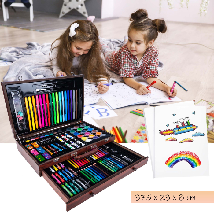 Set desen pictura xl 130 piese valiza lemn creioane acuarele, 37x23x8 cm, complet, multicolor [6]