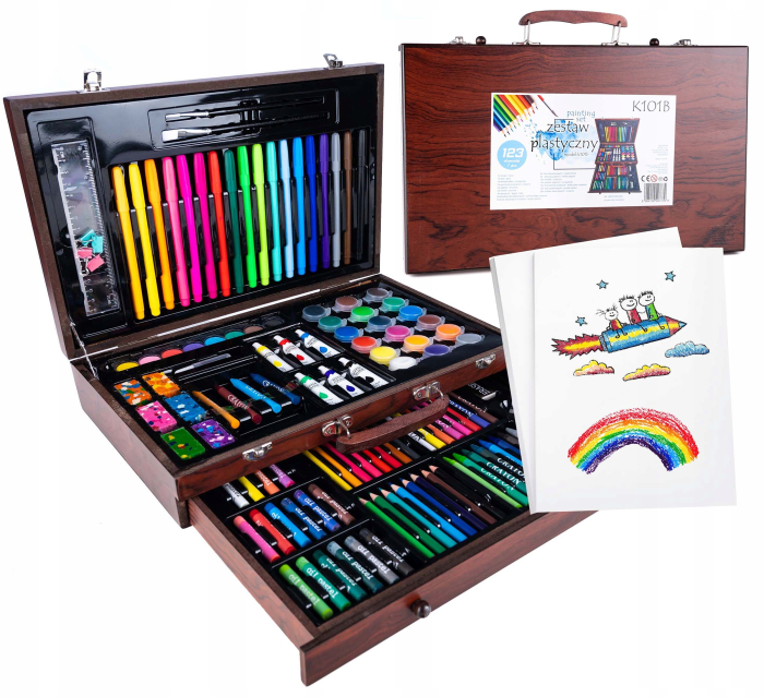 Set desen pictura xl 130 piese valiza lemn creioane acuarele, 37x23x8 cm, complet, multicolor [2]