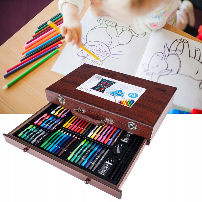 Set desen pictura xl 130 piese valiza lemn creioane acuarele, 37x23x8 cm, complet, multicolor [8]