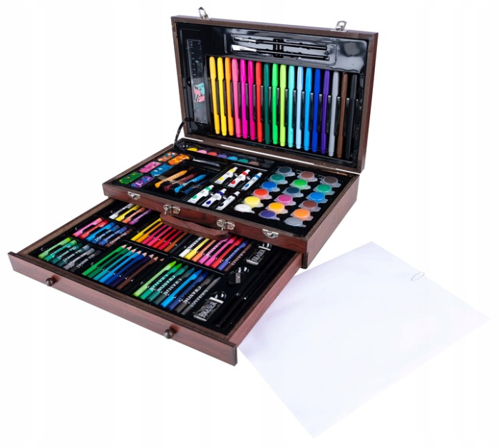 Set desen pictura xl 130 piese valiza lemn creioane acuarele, 37x23x8 cm, complet, multicolor [5]