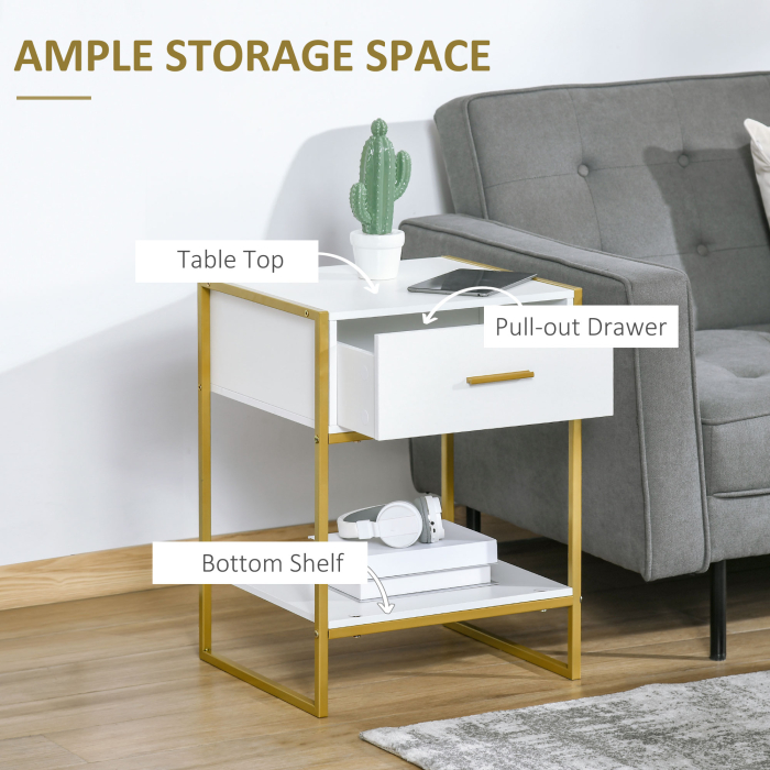  Set din 2 Noptiere Moderne, Noptiere cu Raft si Sertar, Organizatoare de Depozitare pentru Dormitor, 45x40x60 cm, Alb [5]
