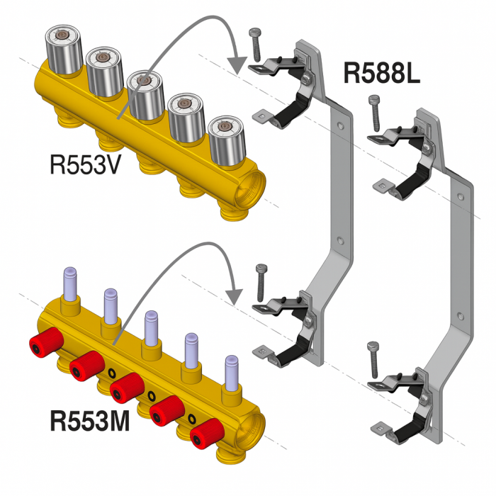 Set distribuitor-colector Giacomini R553KY068, 8 circuite, suporti de montaj, debitmetre, ventile micrometrice, eficienta si confort termic ridicat [2]