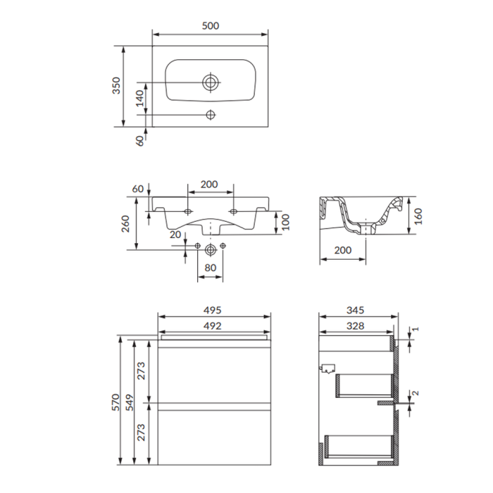Set dulap baie suspendat 2 sertare cu lavoar Cersanit Moduo inclus, 50 cm, antracit mat, B888, montat [3]