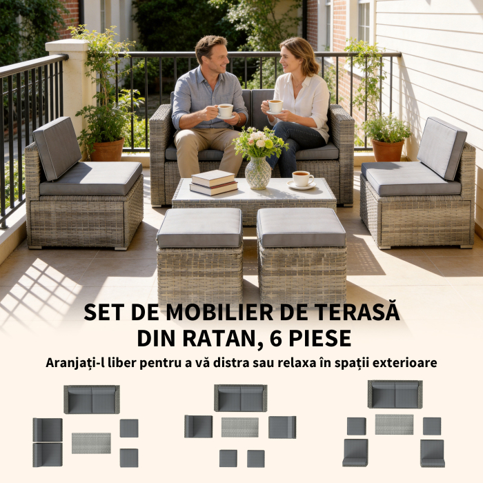  Set Exterior 6 Piese cu Canapea, 2 Scaune, Masa cu Blat din Sticla si 2 Suporturi pentru Picioare, Gri inchis [4]