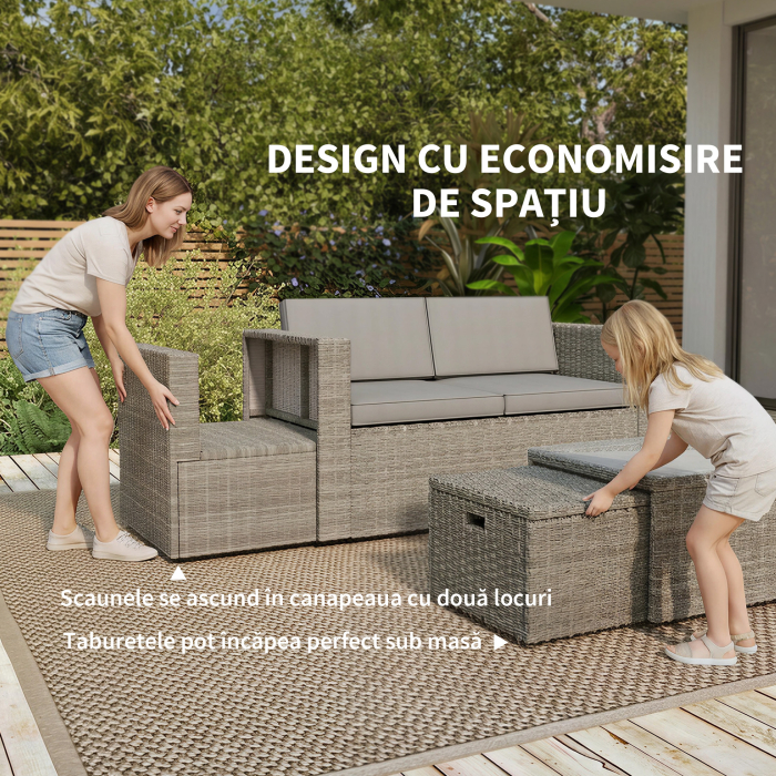  Set Exterior 6 Piese cu Canapea, 2 Scaune, Masa cu Blat din Sticla si 2 Suporturi pentru Picioare, Gri inchis [5]