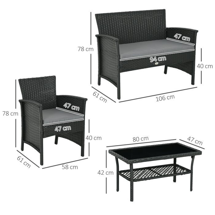  Set Exterior Rattan PE cu Canapea, 2 Fotolii cu Perne si Masuta din Sticla, Negru si Gri [3]