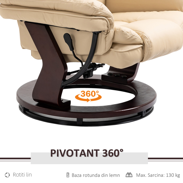  Set Fotoliu Relax & Pouf - Reclinabil, Rotativ 360° PU Bej [5]