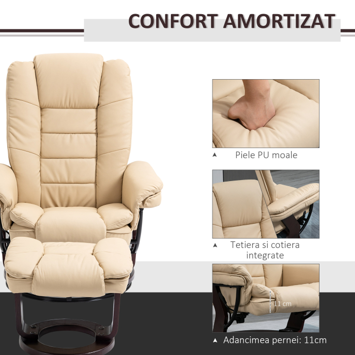  Set Fotoliu Relax & Pouf - Reclinabil, Rotativ 360° PU Bej [6]