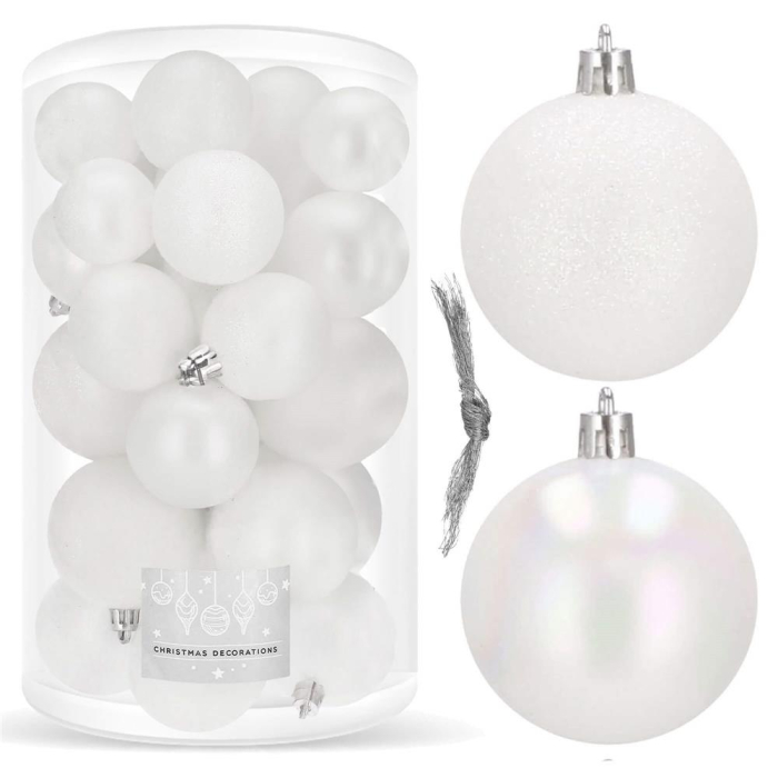 Set globuri de Craciun, 30 bucati, 3 modele, 4/5/6cm, alb [9]