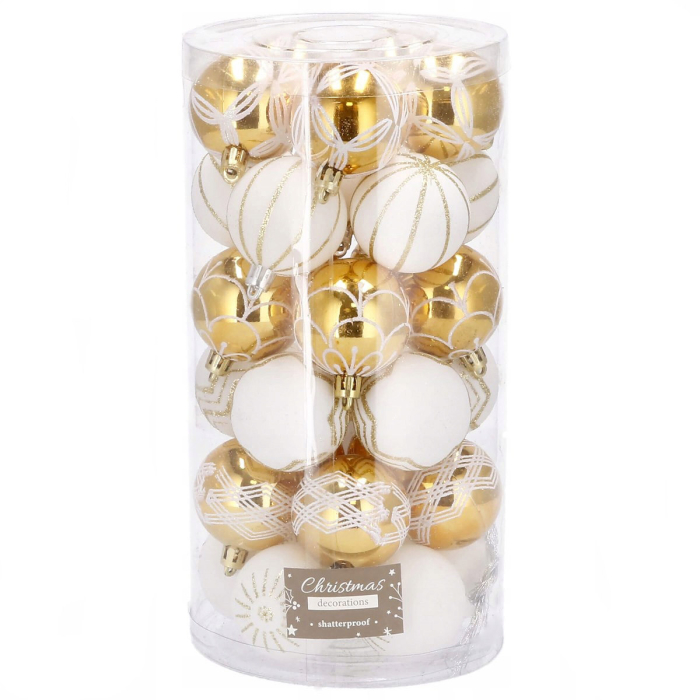 Set globuri de Craciun cu modele de sarbatori, 30 bucati, 5cm, alb auriu [1]