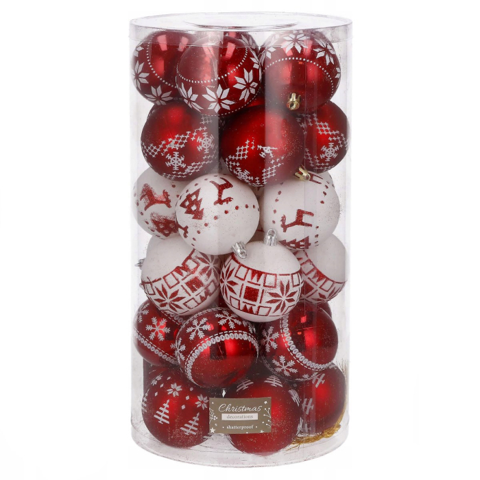 Set globuri de Craciun cu modele de sarbatori, 30 bucati, 7cm, alb rosu [1]