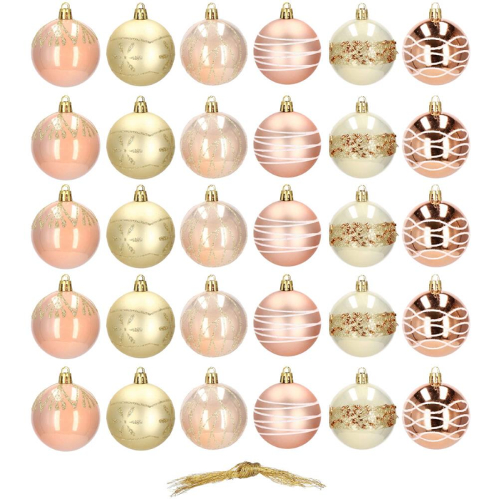 Set globuri de Craciun cu modele de sarbatori, 30 bucati, 6cm, roz si auriu [10]