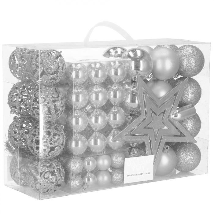 Set globuri si decoratiuni de Craciun, 100 piese, diverse dimensiuni cu stea, argintiu [1]