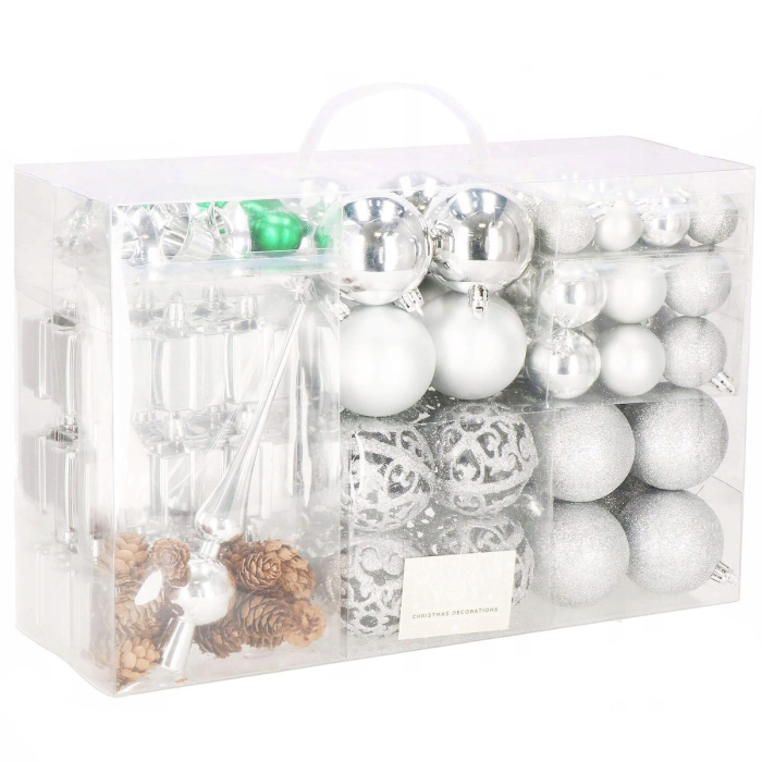 Set globuri si decoratiuni de Craciun, 102 piese, diverse dimensiuni, argintiu [1]