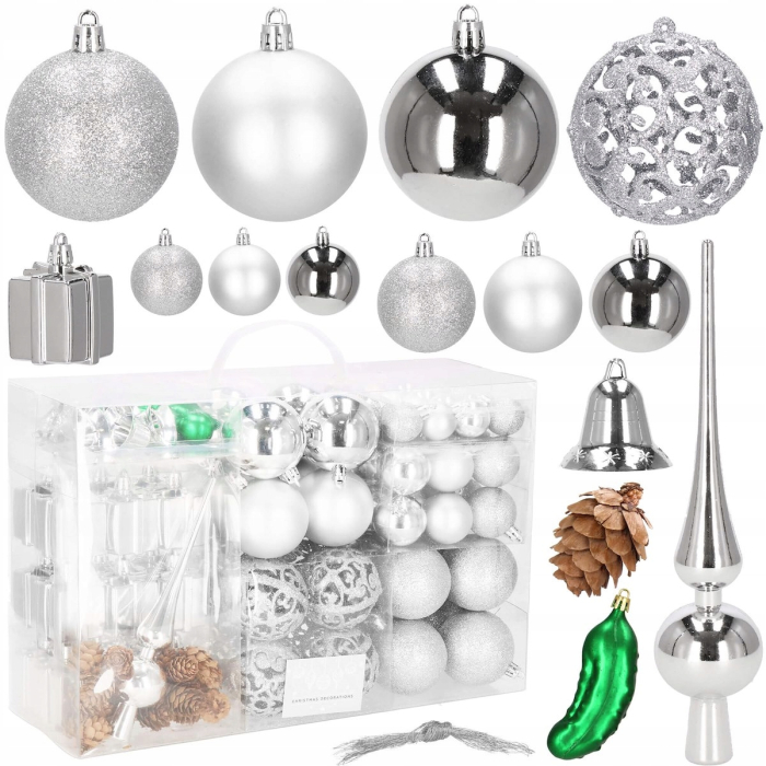 Set globuri si decoratiuni de Craciun, 102 piese, diverse dimensiuni, argintiu [13]