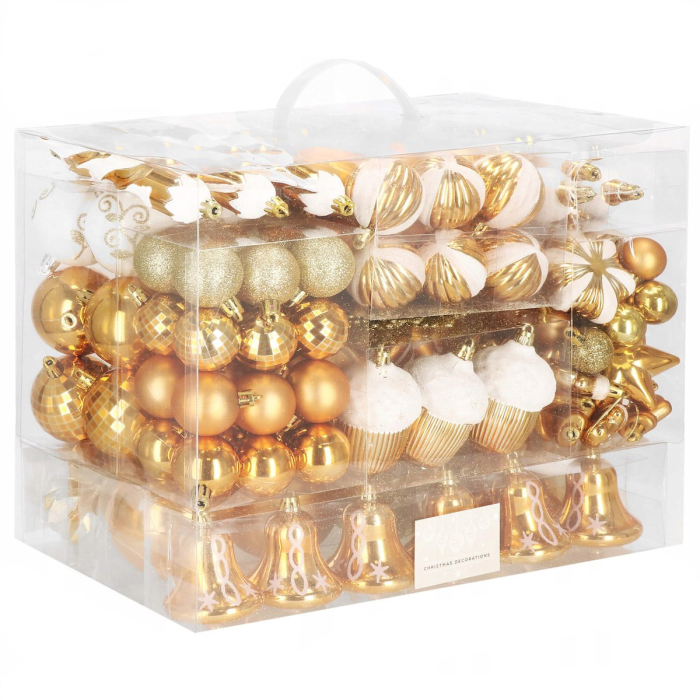 Set globuri si decoratiuni de Craciun, 155 piese, diverse dimensiuni, auriu [1]