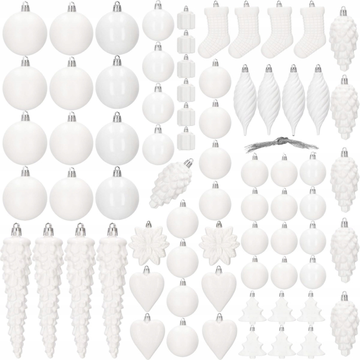Set globuri si decoratiuni de Craciun, 72 piese, diverse dimensiuni, alb [12]