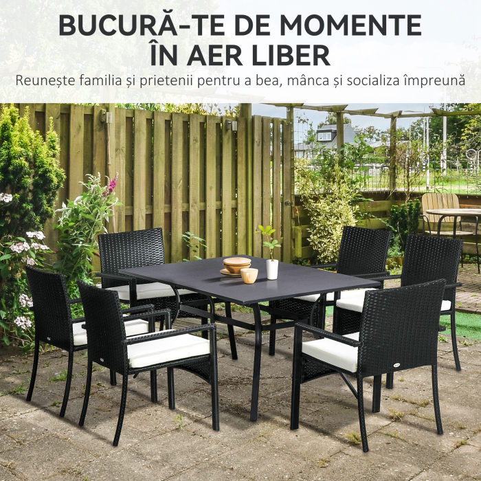  Set Gradina 7 Piese din Ratan PE cu Masa de 150x90x72 cm si 6 Scaune de 58x62x87 cm cu Perne [4]