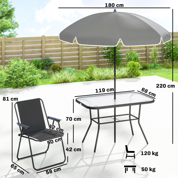  Set Gradina 8 piese cu Umbrela, 6 Scaune Pliabile si Masa din Sticla Temperata, Negru [3]