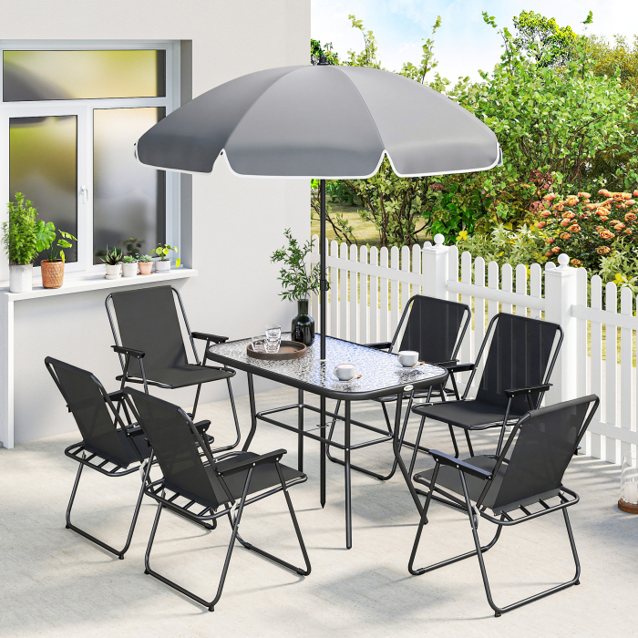  Set Gradina 8 piese cu Umbrela, 6 Scaune Pliabile si Masa din Sticla Temperata, Negru [2]