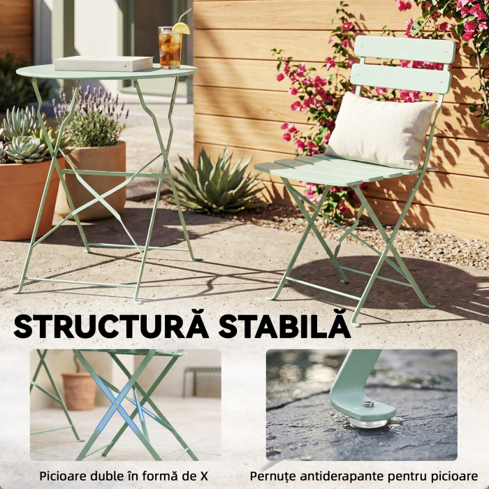  Set Gradina Bistro: Masa Rotunda si Scaune Pliabile pentru 2, Verde Deschis. [8]