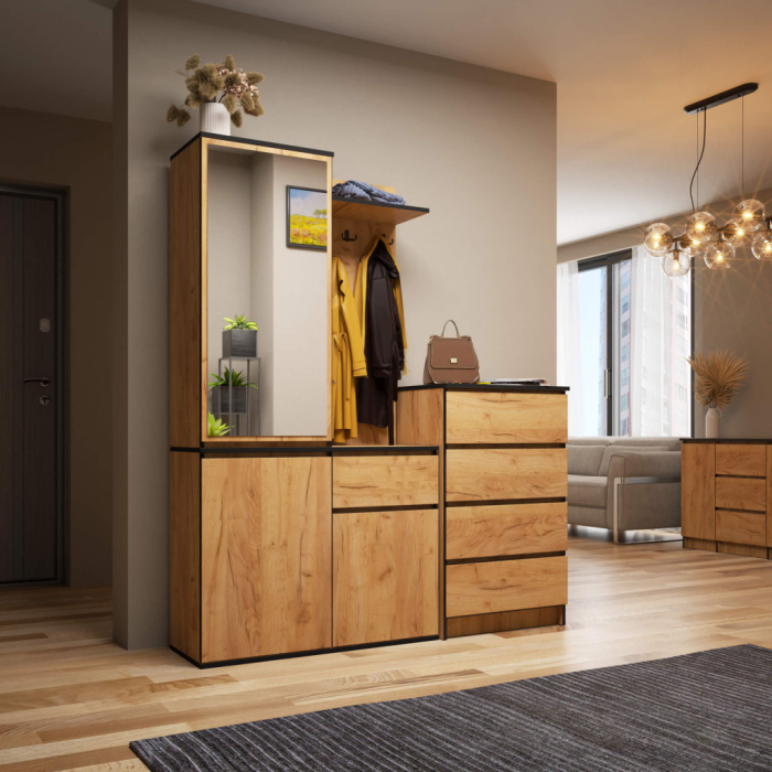 Set hol Entro cu oglinda, cuier si spatii de depozitare, PAL laminat 16 mm, 95x35x183 cm, stejar craft [5]