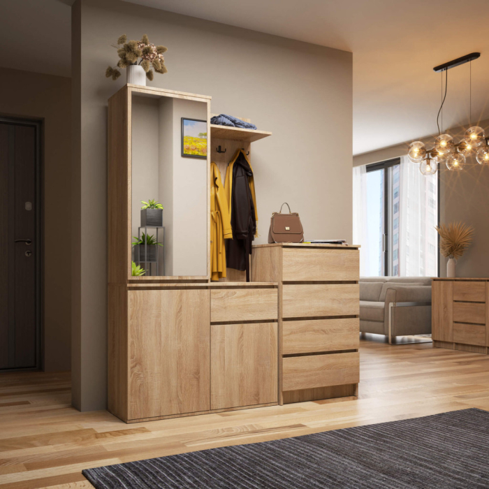 Set hol Entro cu oglinda, cuier si spatii de depozitare, PAL laminat 16 mm, 95x35x183 cm, stejar sonoma [6]