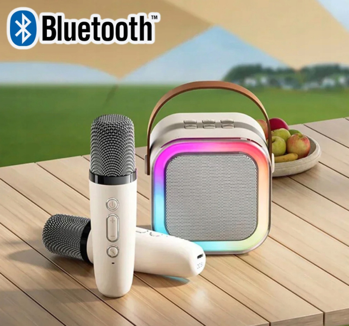 Set karaoke wireless cu 2 microfoane pentru duet si boxa Bluetooth portabila de 6 W, card TF si AUX, acumulator reincarcabil 800 mAh, design compact p [11]