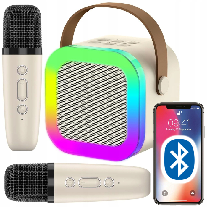 Set karaoke wireless cu 2 microfoane pentru duet si boxa Bluetooth portabila de 6 W, card TF si AUX, acumulator reincarcabil 800 mAh, design compact p [3]
