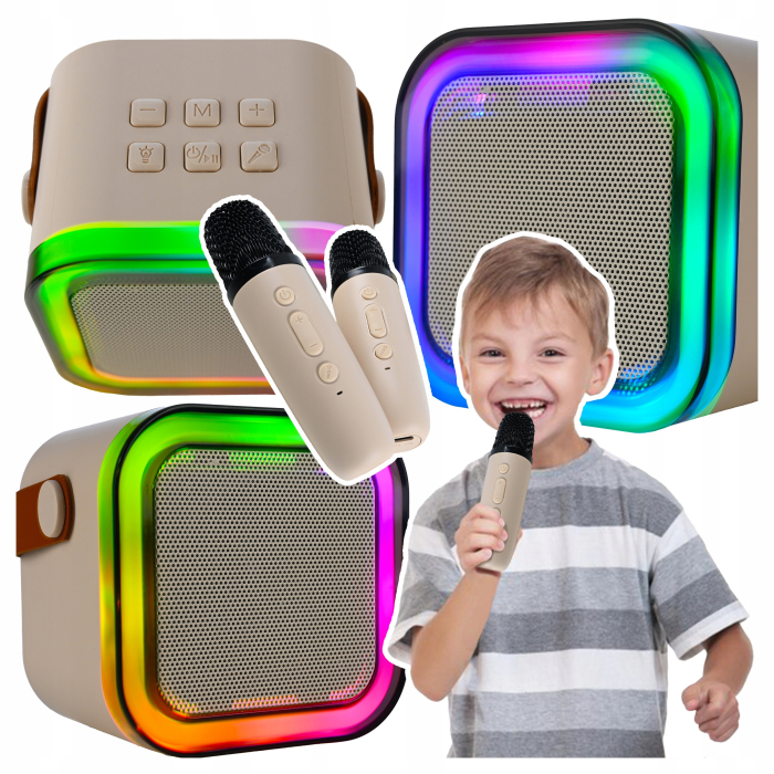 Set karaoke wireless cu 2 microfoane pentru duet si boxa Bluetooth portabila de 6 W, card TF si AUX, acumulator reincarcabil 800 mAh, design compact p [14]