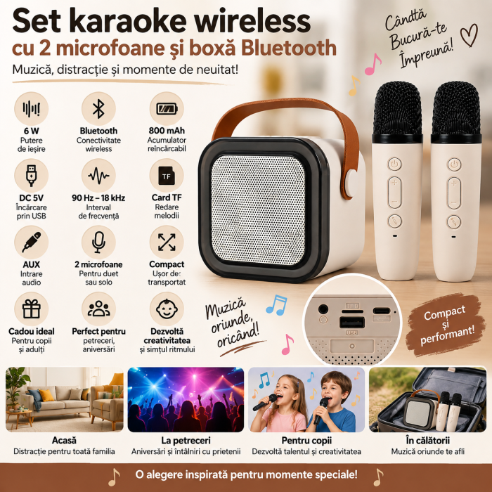 Set karaoke wireless cu 2 microfoane pentru duet si boxa Bluetooth portabila de 6 W, card TF si AUX, acumulator reincarcabil 800 mAh, design compact p [2]