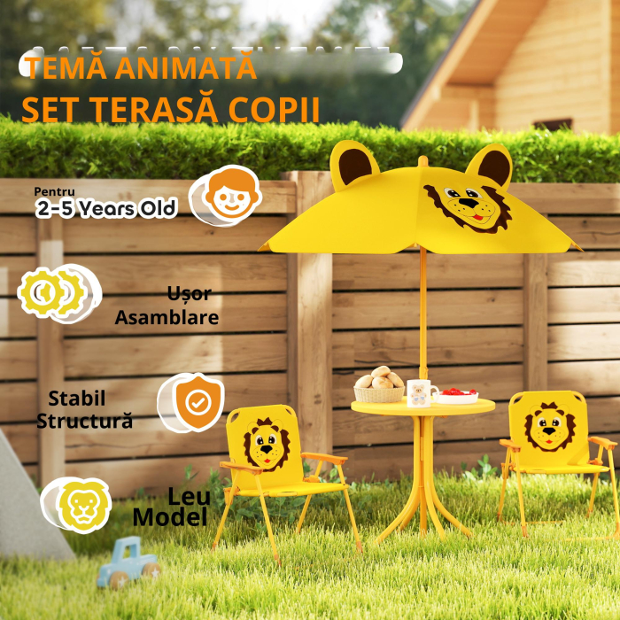 Set Masa, 2 Scaune si Umbrela pentru Gradina, pentru Copii 2-5 Ani, Galben [4]