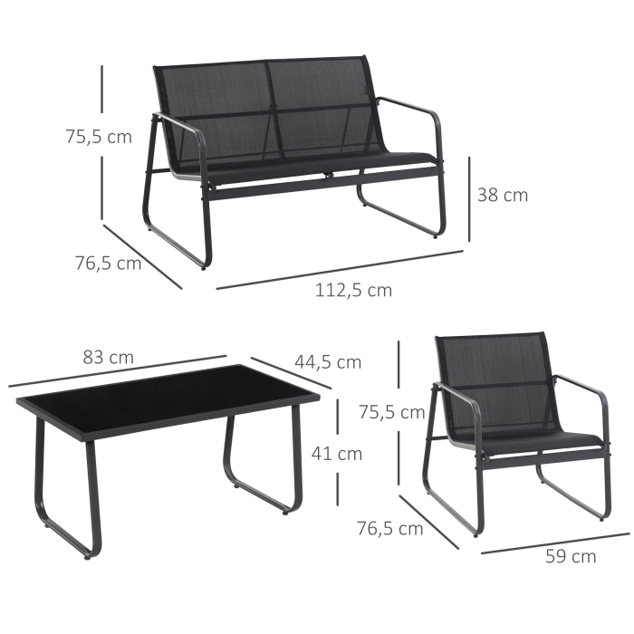  Set Masa Banca si 2 Scaune de Gradina din Metal si Textilen Neagra [3]