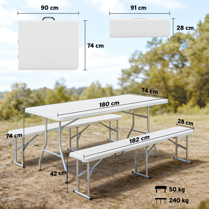  Set Masa de Camping Pliabila cu 2 Scaune, 180x74x74 cm, Alb [3]
