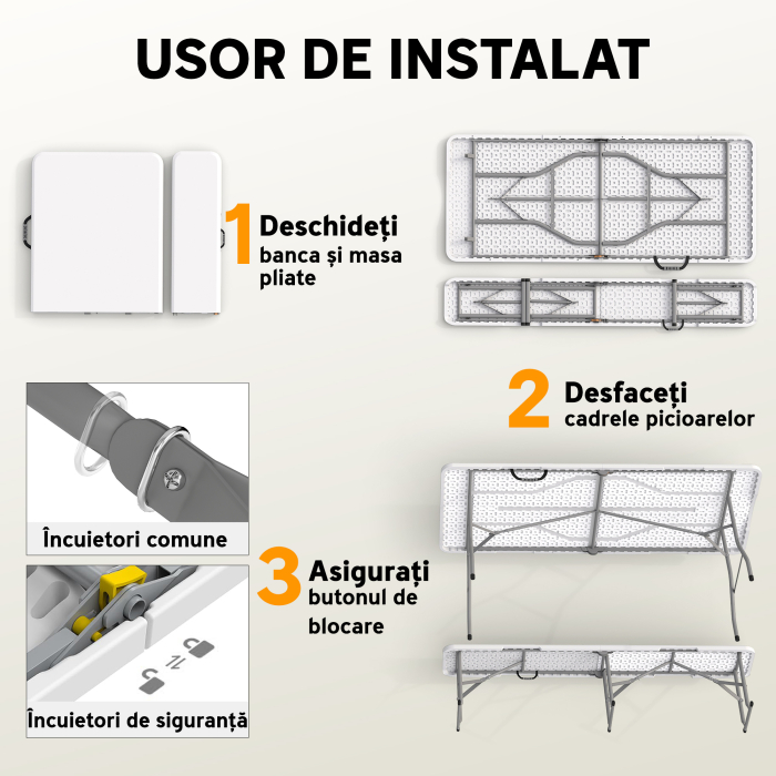  Set Masa de Camping Pliabila cu 2 Scaune, 180x74x74 cm, Alb [4]