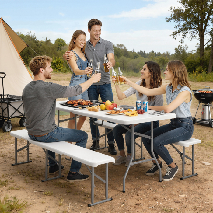  Set Masa de Camping Pliabila cu 2 Scaune, 180x74x74 cm, Alb [2]