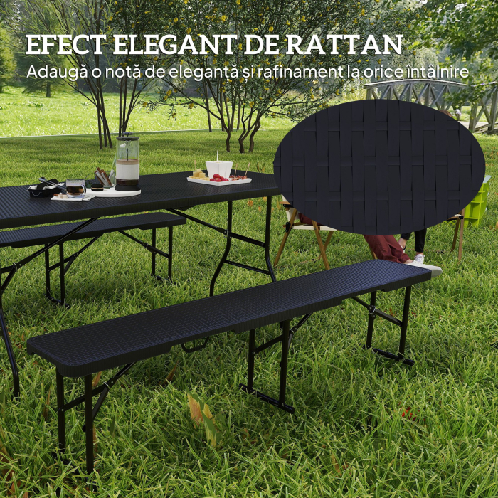  Set Masa de Camping Pliabila cu 2 Scaune si Manere din HDPE si Metal, 180x74x74 cm, Negru [4]