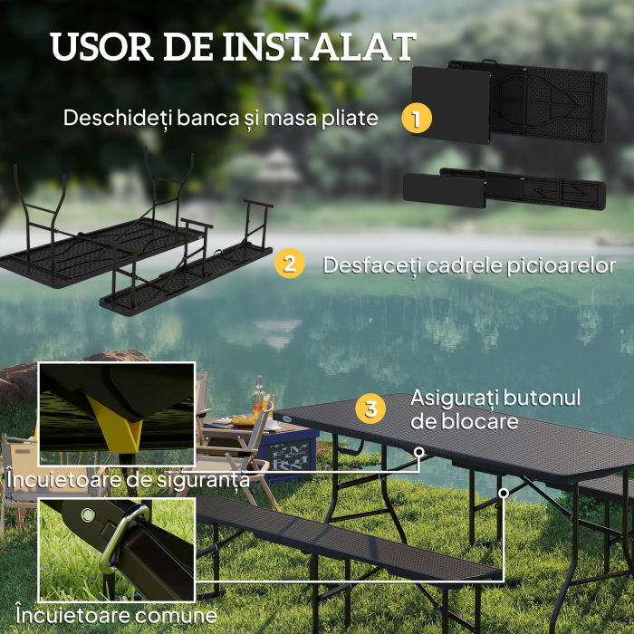  Set Masa de Camping Pliabila cu 2 Scaune si Manere din HDPE si Metal, 180x74x74 cm, Negru [7]