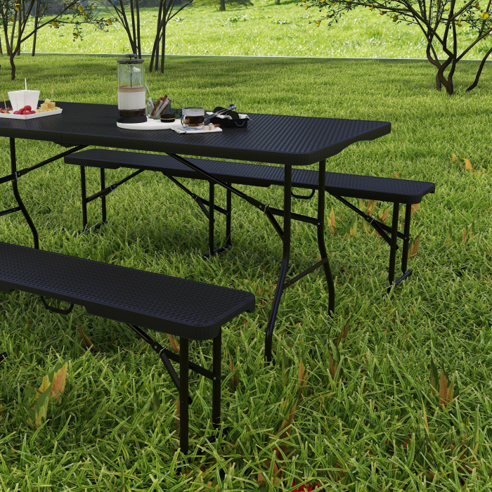  Set Masa de Camping Pliabila cu 2 Scaune si Manere din HDPE si Metal, 180x74x74 cm, Negru [8]