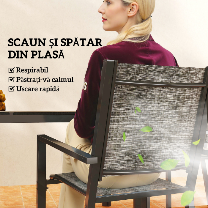  Set Masa de Gradina cu Scaune, 7 Piese, Set de Pranz cu Masa cu Blat din Lemn Compozit cu sipci si 6 Scaune de Exterior Stivuibile, Mobilier din Otel cu Texteline, Gri si Negru [5]