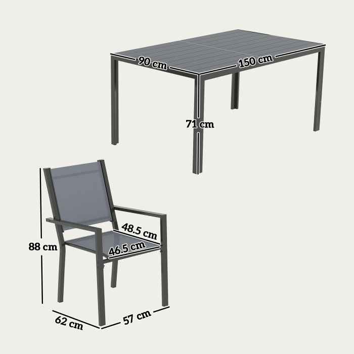  Set Masa de Gradina cu Scaune, 7 Piese, Set de Pranz cu Masa cu Blat din Lemn Compozit cu sipci si 6 Scaune de Exterior Stivuibile, Mobilier din Otel cu Texteline, Gri si Negru [3]