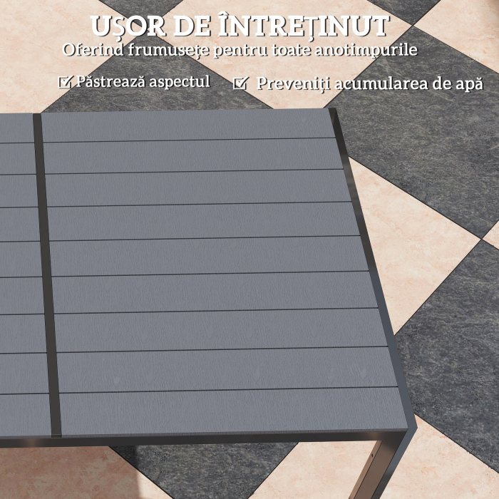 Set Masa de Gradina cu Scaune, 7 Piese, Set de Pranz cu Masa cu Blat din Lemn Compozit cu sipci si 6 Scaune de Exterior Stivuibile, Mobilier din Otel cu Texteline, Gri si Negru [7]
