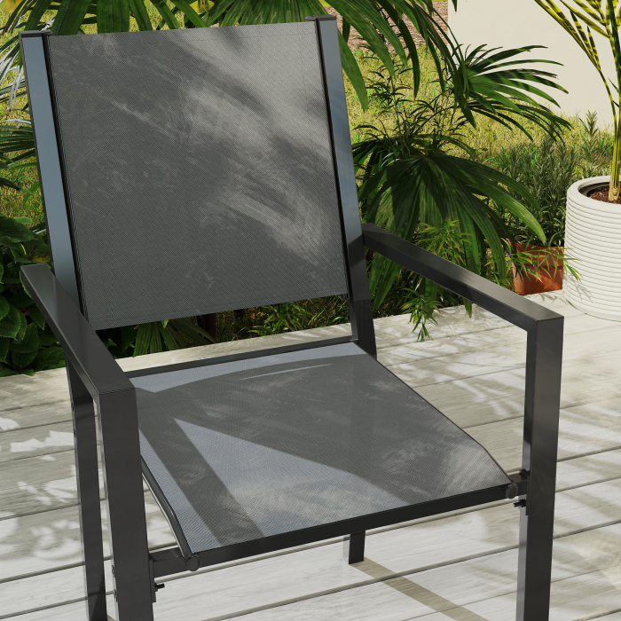 Set Masa de Gradina cu Scaune, 7 Piese, Set de Pranz cu Masa cu Blat din Lemn Compozit cu sipci si 6 Scaune de Exterior Stivuibile, Mobilier din Otel cu Texteline, Gri si Negru [9]
