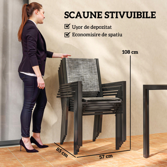  Set Masa de Gradina cu Scaune, 7 Piese, Set de Pranz cu Masa cu Blat din Lemn Compozit cu sipci si 6 Scaune de Exterior Stivuibile, Mobilier din Otel cu Texteline, Gri si Negru [4]