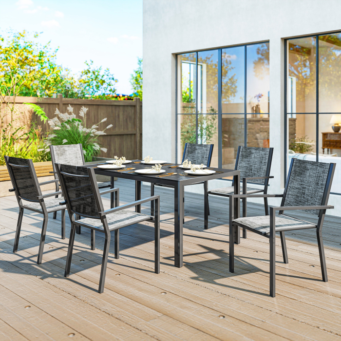  Set Masa de Gradina cu Scaune, 7 Piese, Set de Pranz cu Masa cu Blat din Lemn Compozit cu sipci si 6 Scaune de Exterior Stivuibile, Mobilier din Otel cu Texteline, Gri si Negru [2]