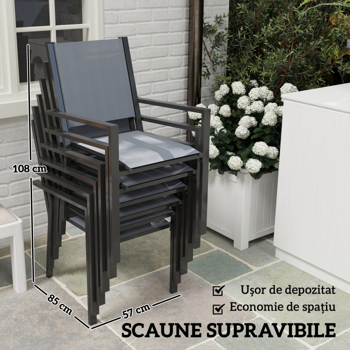  Set Masa de Gradina cu Scaune, 7 Piese, Set de Pranz cu Masa cu Blat din Lemn Compozit cu sipci si 6 Scaune de Exterior Stivuibile, Mobilier din Otel cu Texteline, Gri si Negru [4]