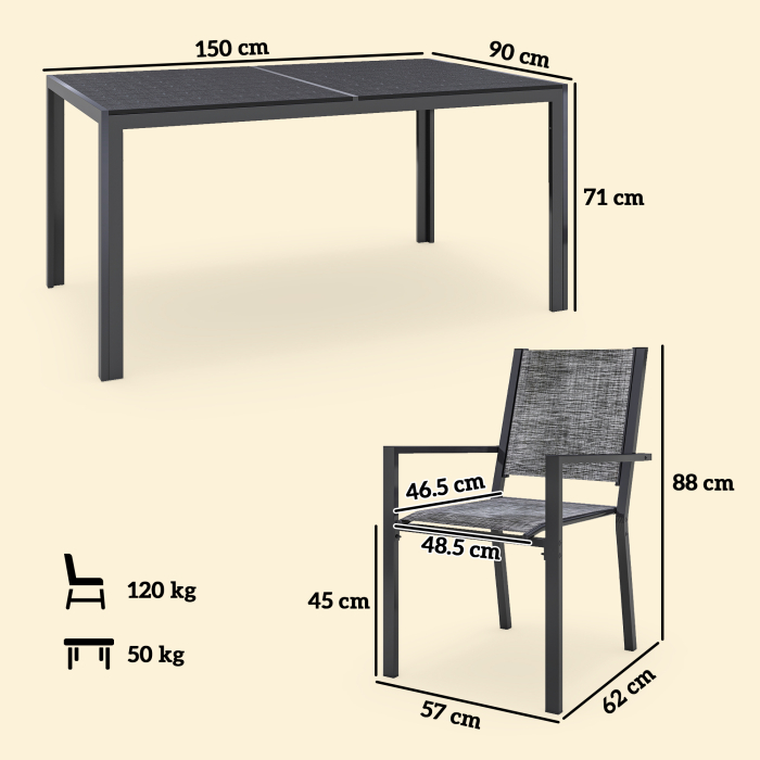  Set Masa de Gradina cu Scaune, 7 Piese, Set de Pranz cu Masa cu Blat din Lemn Compozit cu sipci si 6 Scaune de Exterior Stivuibile, Mobilier din Otel cu Texteline, Gri si Negru [3]