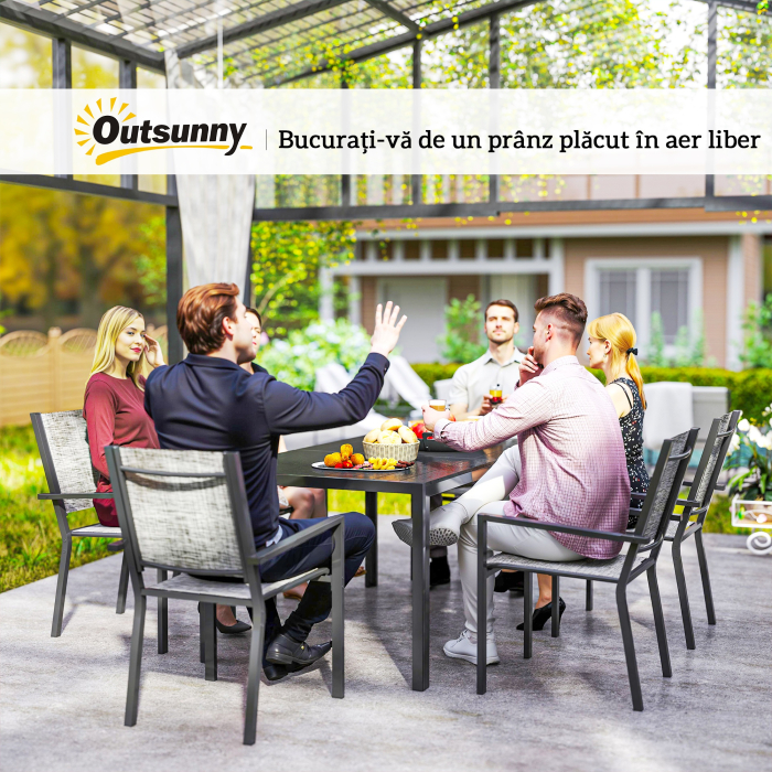  Set Masa de Gradina cu Scaune, 7 Piese, Set de Pranz cu Masa cu Blat din Lemn Compozit cu sipci si 6 Scaune de Exterior Stivuibile, Mobilier din Otel cu Texteline, Gri si Negru [9]