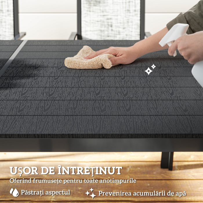  Set Masa de Gradina cu Scaune, 7 Piese, Set de Pranz cu Masa cu Blat din Lemn Compozit cu sipci si 6 Scaune de Exterior Stivuibile, Mobilier din Otel cu Texteline, Gri si Negru [7]