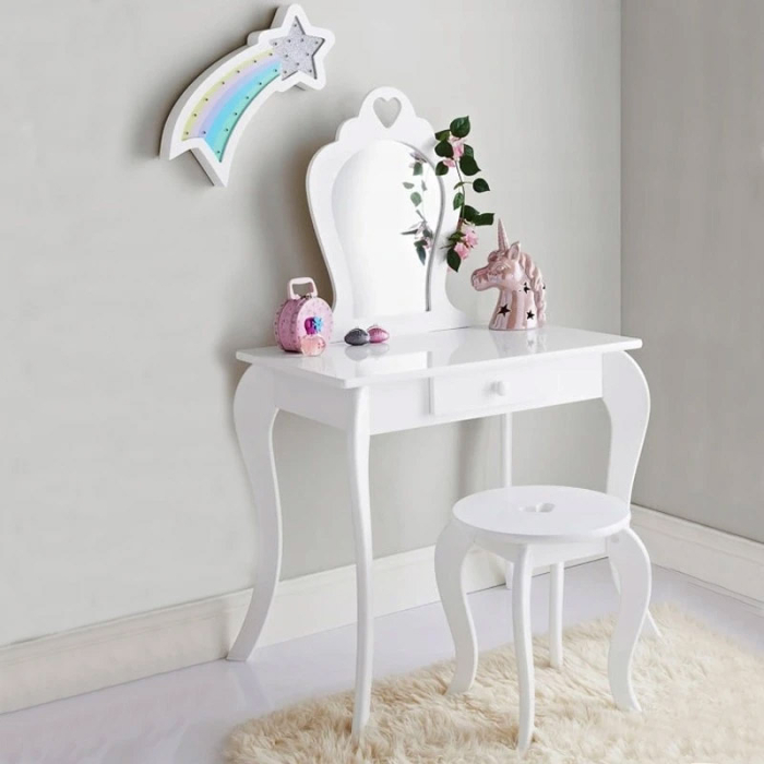 Set Masa de toaleta pentru copii Elza, alba, cu oglinda si taburet, 71x50x108 cm [1]